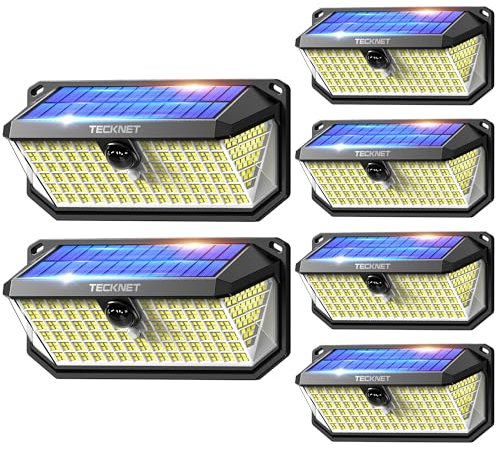 TECKNET 416 LED Solar Lights Outdoor Garden 4200Lm, Motion Sensor Garden Lights, 300° Angle & 3 Lighting Modes, Security Outdoor Wall Light IP66 Waterproof for Fence Front Door Yard Garage, 6 Packs