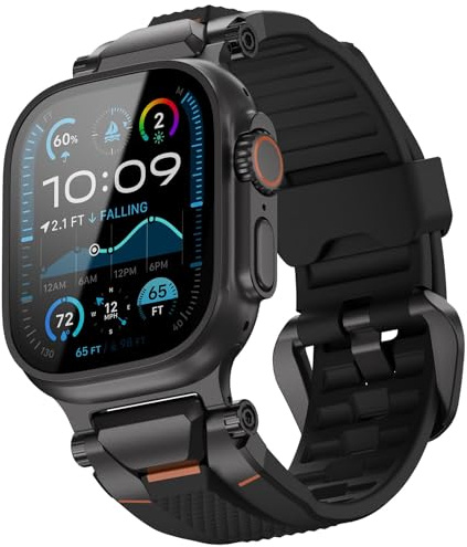ULTIMAL Armband kompatibel mit Apple Watch Ultra 3/2/1 (49mm), Series 11/10/9/8/7/6/5/4 SE (46mm/45mm/44mm), Taktisches Herren-Armband, Robustes TPU Sportarmband, Wasserdicht, 155-225mm Schwarz