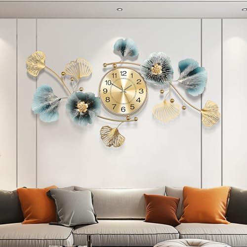 Blissio Orologi per Soggiorno, Grande Orologio da Parete, Orologio da Parete Silenzioso 3D, Design di Foglie di Ginkgo in Metallo Retrò, Decorazioni Murali per Soggiorno (Colore Oro Blu, 82cm)