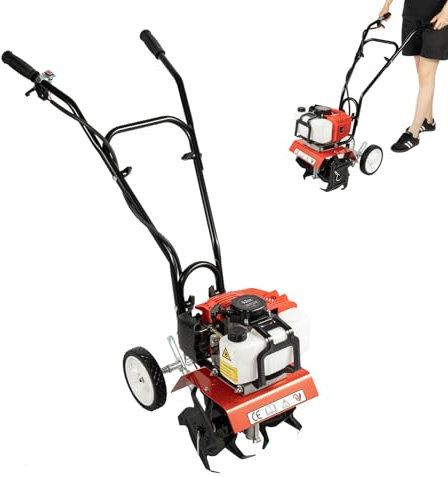 OUBUBY 52CC Gartenfräse Benzin 2-Takt Rasenboden Bodenhacke Mini Pflüger Grubber Kultivator, 30 cm Arbeitsbreite 30-120 mm Arbeitstiefe Motorhacke Benzin für Betriebe, Obstgärten und Gärten