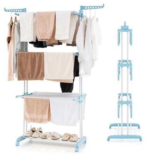 HOMASIS Tendedero con 4 niveles, secadora plegable con ruedas y 2 alas laterales, torre de ropa con secador de pie extensible para interior y exterior, capacidad de carga 30 kg, 127 x 63 x 171 cm