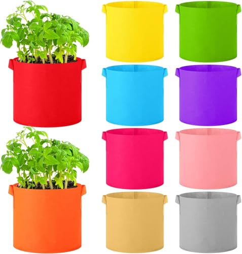JQTOP Farbige Stoff-Pflanzbeutel, bunte Pflanzbeutel, Vliesstoff-Töpfe mit Griffen, Samen, Gemüse, Tomaten, Pflanzgefäß, Pflanzkübel für den Außenbereich, Garten, Obst, Blumen, 10 Farben (10 Liter)