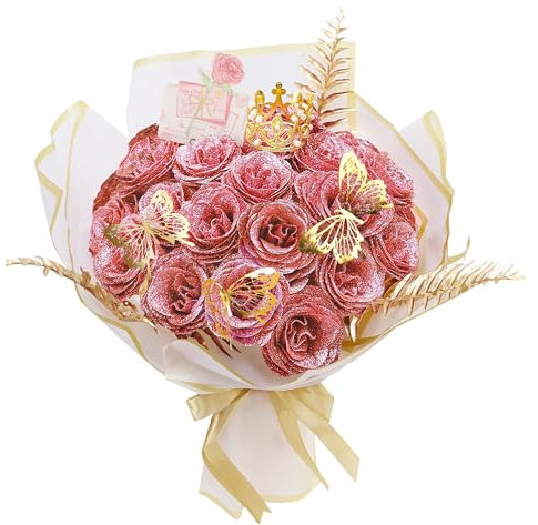 AIGOCITY 24 Pcs Glitter Roses Bouquet,Artificial Rose Bouquet,Sparkly Rose,DIY Fake Glitter Bouquets with Crown Card 3D Butterfly for Birthday Gifts Wedding Valentine's Day Mother's Day (Light Pink)