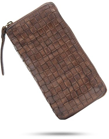 Baur Damen Geldbörse aus extra weichem Waschleder | Geldbeutel im Used-Look mit RFID-Schutz | Großes Portemonnaie mit vielen Kartenfächern | Rundum-Reißverschluss (Geflochten, Dunkel Braun)