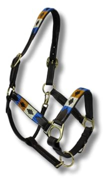 MTB Equestrian Exklusives Lederhalfter Mit Polo-Design – Beidseitig Verstellbar – Hochwertiges Leder – 10 Farbvarianten – Cob & Full (Gold Weiß Blau, Cob)