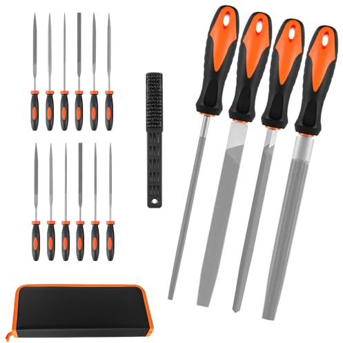 17Pcs Professional Metal File Set, 4 Large Files-Flat/Half-Round/Round/Triangle Files, 12 Needle Files & Wire Brush, for Modeling Wood, Metal, Mirror, Glass, Tile, Ceramic, Leather
