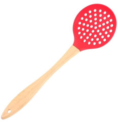 iplusmile Espumadera De Silicona y Cuchara Coladora Mango De Madera Ergonómico, Resistente Al Calor, Utensilio De Cocina Para Servir y Filtrar Aceite, Adecuado Para Hogar y Restaurante, Color Rojo