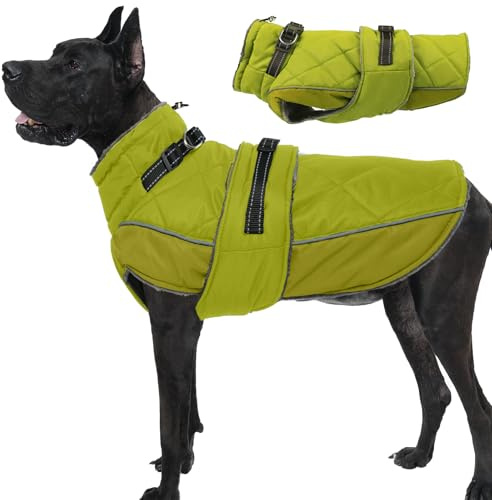 Katzinst Hundemantel Wasserbeständig Große Hunde mit Geschirr und Hohem Kragen, Schneeanzug Hundejacke für Kaltes Wetter, Deutsche Dogge Wintermantel, Spaziergänge im Schnee, Grün, 3XL