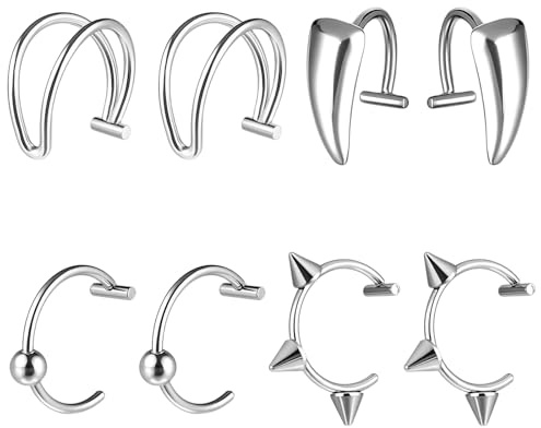 Zyghjort Lot de 8 faux piercings en acier inoxydable pour le nez, la lèvre, le nez, le septum, réglable, pour homme et femme, argenté