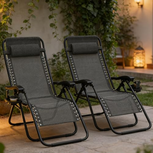Soontrans 2PCS Sonnenliege Klappbar, Gartenliege Wetterfest, Liegestuhl Garten mit Nackenkissen Getränkehalter Seitentasche, Strandliege Verstellbare Rückenlehne, aus Stahl & Textilenebezug (Schwarz)