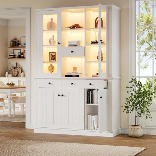 Juabett 119,5*40*180cm Vitrine, Standvitrine mit 4 Schubladen, Sammlervitrine Vitrinenschränke mit 16 Farben LED, Wohnzimmerschrank 120cm breit, Weiß Hochschank mit 5 Türen und 21 Ablagefächern, MDF