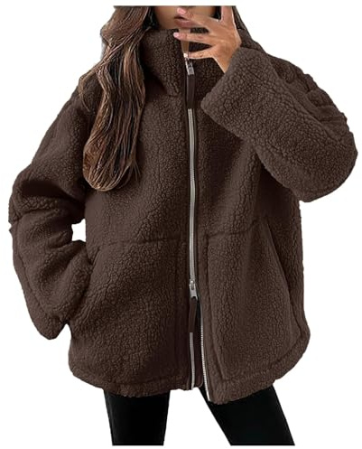 Winterjacke Fleecemantel Übergangsjacke,Teddyjacke Damen Winter Teddyfleece Jacke Doppelschieber Reißverschluss Winterjacke Thermal Teddy Wintermantel Einfarbig Fleecejacke Plüschjacke Coffee L