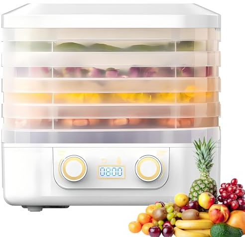 Deshidratador de Alimentos con Bandeja de 5 Capas sin BPA, circulación de Aire de 360 Grados, Ventiladores Dobles y Control de Temperatura de 35 a 75 Grados para Preparar refrigeri