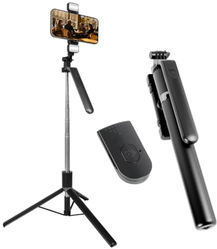 HOTUT 170cm Trepied Smartphone & Perche a Selfie, 2 Lumière de Remplissage, Extensible Trépied en Métal pour Téléphone avec Télécommande sans Fil Détachable, pour iPhone/Samsung/Android Smartphones