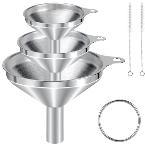 3 Piezas Embudo Acero Inoxidable con Mango, Embudo Cocina con 2 Cepillo de Limpieza, Embudos Pequeños Apilable para Transferir Líquidos Aceites y Polvos, 3 Tamaños 4.5/5.5/7.5cm