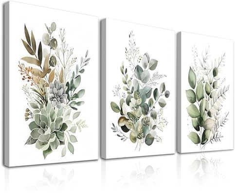 Dazzlewall 3Pcs Boho Wandkunst Dekor, Grüne Blätter Botanische Poster Druck für Badezimmer Wohnzimmer, Eukalyptus Blätter Schlafzimmer Wanddekoration, 12x16 zoll Mit Rahmen