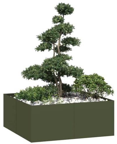 Maceta verde oliva, 100 x 100 x 40 cm, acero laminado en frío, cama elevada para jardín, balcón, terraza, maceta resistente para exteriores