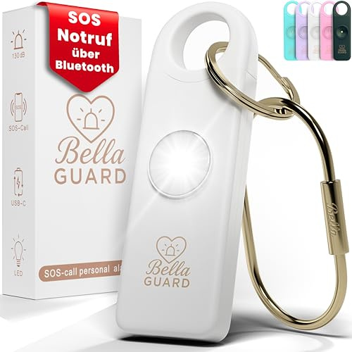 Bella Guard Taschenalarm – SOS-Notruf Funktion über Bluetooth, Sirene 130dB laut, LED-Stroboskoplicht, wiederaufladbarer Akku, Alarm für Frauen unterwegs zum Selbstschutz (weiß)