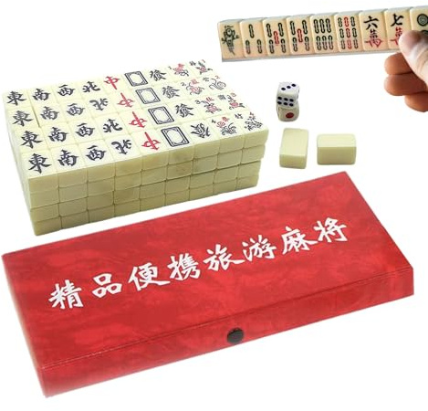 Mahjong Spielsteine Set - 144 Teile Tragbare Vollständige Spielsteine - Mahjong Spiel Mit 2 Würfeln Und 4 Ablagebrettern,Für Erwachsene, Anfänger, Familienfeiern, Zuhause, Reisen, Partys, Nächte Und F