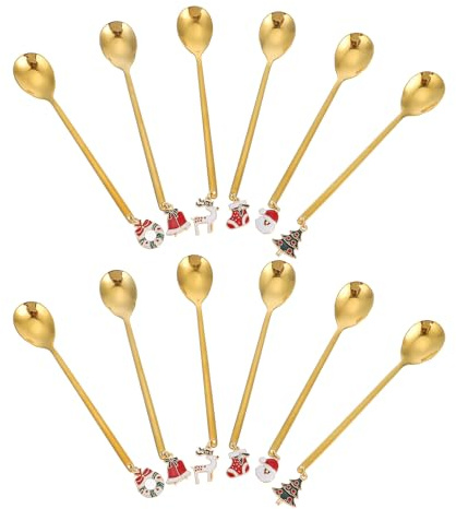 STOBAZA Set 12 Cucchiaini da Caffè in Acciaio Inox Ciondoli Natalizi, Paletta per Mescolare e Dessert, Cucchiai da Tè per Casa, Bar e Sala da Tè, Confezione Regalo Natale
