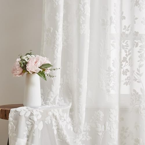 Treatmentex Weiße Gardine mit Blattmuster 2er Set B140xH225cm Voile Vorhang | geprägtem Muster, Vorhang Transparente, Voile Gardinen, Gardinen mit Ösen, für Schlafzimmer Wohnzimmer Esszimmer Schiebetür