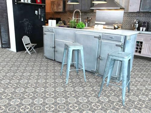 PVC Boden Vinylboden in Vintage Fliesenmuster – Retro Ornament Blau Grau, Zuschnitt (2m breit / 3m lang)