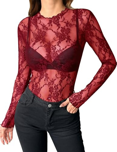 Zeagoo Mesh Top Sheer Långärmad T-shirt Sexig Genomskinlig Skjorta, A-röd spets, XXL