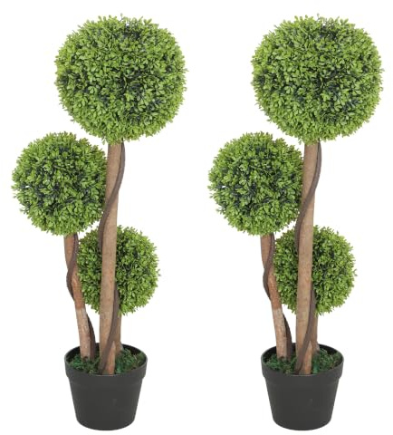 HOMCOM Juego de 2 plantas artificiales de boj de 3 bolas, plantas artificiales con maceta incluida y fondo reforzado, altura 90 cm, para interior y exterior, jardín, oficina, salón