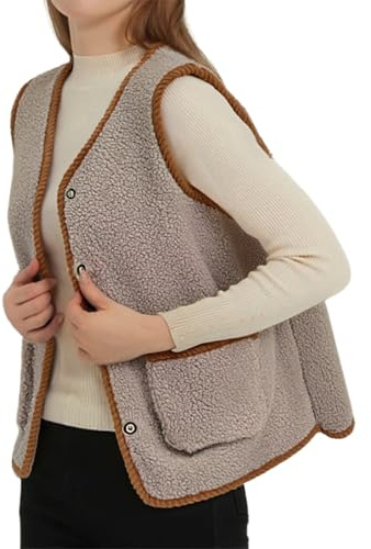 Generisch Gilet invernale in finta pelliccia di agnello, alla moda, caldo, senza maniche, canotta con fodera in pile per il freddo, cachi, XXL