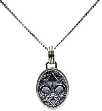 ASCALIDO Collier 50cm - médaille ovale fleur de lys - en argent massif 925 - pendentif avec chaine et écrin - Cadeau homme