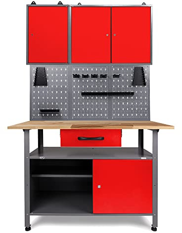 Ondis24 Werkstatteinrichtung Klaus, Metall, 2 Werkstattschränke, Lochwand, Hakensortiment (Arbeitshöhe 85 cm, Rot)
