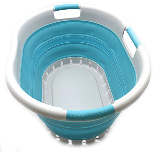 SAMMART 36L Collapsible 3-handhabbarer Kunststoff-Wäschekorb - Faltbarer Pop-up-Aufbewahrungsbehälter - Tragbare Waschwanne - Platzsparender Korb (3 behandeltes Oval, Grau/Hellblau)