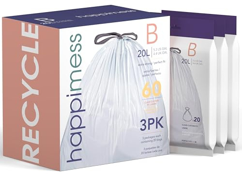 happimess HPM3000B-CLEAR Müllbeutel mit Kordelzug, 15 l, transparent, 60 Stück, 3 Packungen mit 20 Müllbeuteln