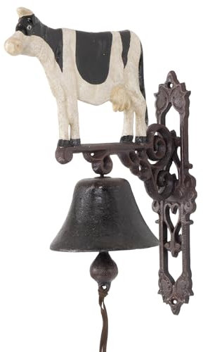 Moritz Gußeisen Wandglocke gefleckte Kuh schwarz weiß Bauernhof Glocke Türglocke 38,5 cm Höhe Hausglocke antik Stil braun Klingel Verziert