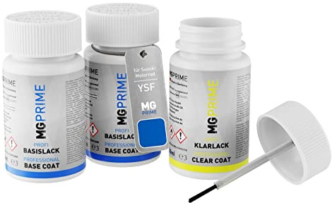 MG PRIME Motorcykellack Backstift set för Suzuki Motorrad YSF Triton Blue Metallic basecoat klarlack 50ml vardera
