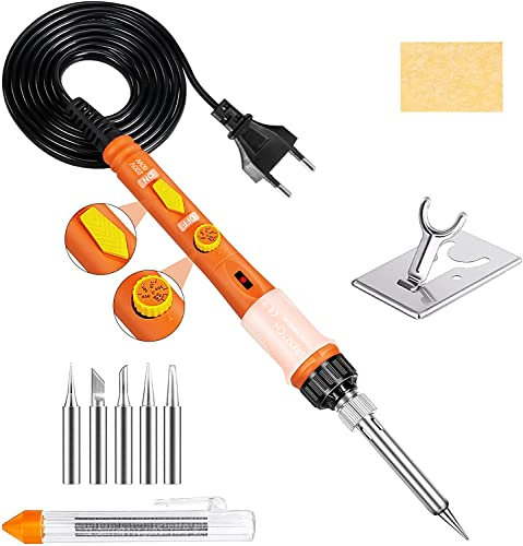 Lötkolben,SREMTCH 60W Elektrisches Lötkolben Präzisionslötset mit EIN/AUS-Schalter Einstellbare Temperatur 200~450℃ 5 Lötspitze, Lötdraht, Lötkolbenständer