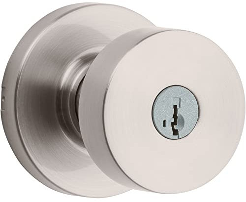 Kwikset, Pismo, Pomo para puerta de entrada con cerradura y llave, seguro, con llave exterior, para entrada frontal y dormitorio, resistente a ganzúas, con seguridad SmartKey Rekey y Microban, Níquel