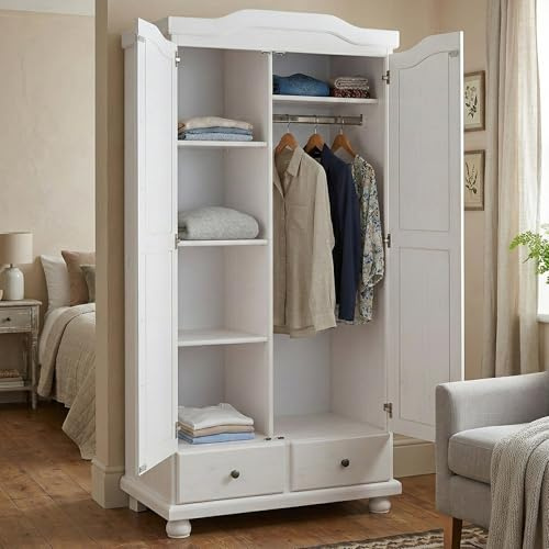 Dmora Zweitüriger Kleiderschrank mit zwei Schubladen in Kiefer massiv, Farbe weiß, 104 x 200 x 56 cm.