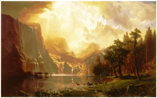 Wesmilewallpaper Papier Peint Panoramique Tapisserie Murales Forêt Montagne Pic Lac Eau Paysage Naturel Art Peinture À L'Huile 150x105cm Intissé Soie Poster Geant Mural Salon Chambre