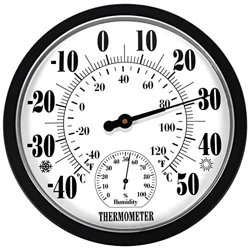 Indoor Outdoor Thermometer Hygrometer - 10 Inch Outdoor Thermometer Large Numbers, 2 in 1 Thermometer Hygrometer, Outside Thermometers for Patio (Black)