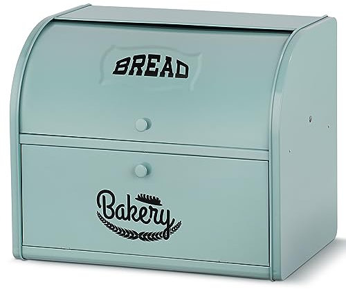Large Capacity Double Compartment Bread Box Roll Top Bread Box Kitchen Food Storage Bin, Metal Bread Container, Counter-top Bread Keeper Double Layer Bread Storage,No Installation Required (Green)