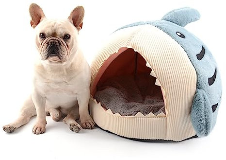 Hifrenchies Shark Haustierhaus für Französische Bulldogge, Haifischhaus, waschbares Hundehöhle, Bett mit herausnehmbarer Kissenmatte, Haifischbett und Haus für Hunde und Katzen (M,Grau)
