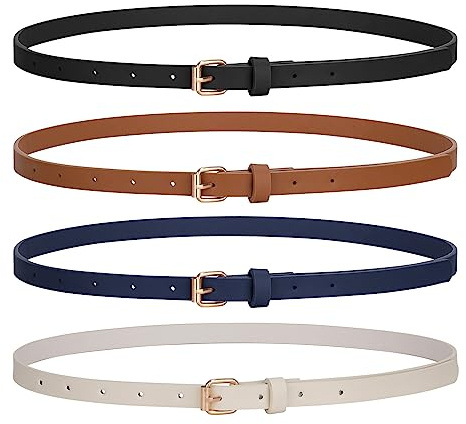 LEACOOLKEY 4 Stück Skinny Damen Ledergürtel für Kleider Dünner Taillengürtel für Jeans Hosen mit Goldschnalle