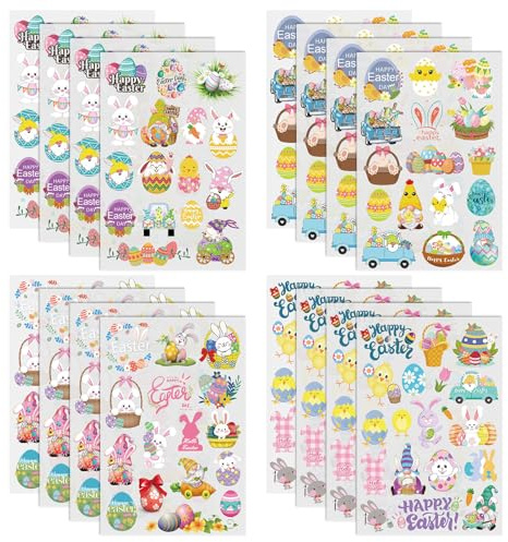 WANDIC 16 Bogen Rub On Sticker Ostern, Frohe Ostern Deko Ostereier Osterhasen Wasserdicht Aufkleber Handarbeiten Rub Ons Frühling Aufkleber für Glas Keramik Holz Möbel, 10 * 15cm
