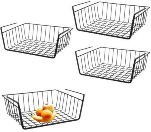 Jinchelle Cesta de almacenamiento colgante, 2 piezas, cesta de almacenamiento debajo del estante, multifunción, debajo de la cesta de alambre metálico, adecuada para oficina, vajilla, armario, baño