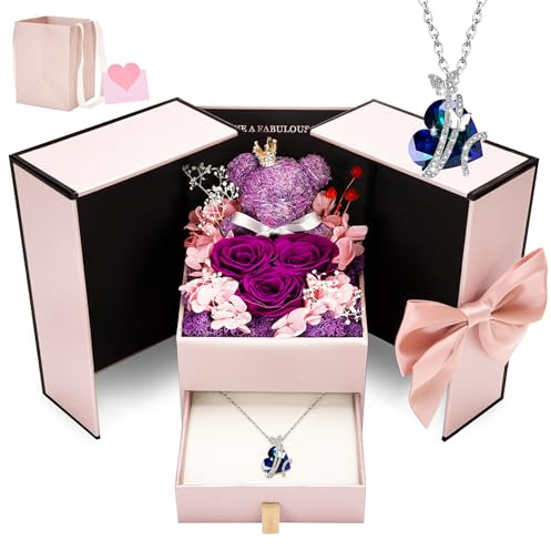 CSYY Konservierte Rosen, Valentinstag Ewige Rose Geschenke für Frauen Rose Herz Halskette Handgefertigte Konservierte Rosen Schmuck Geschenkbox für Mama Schwester Ehefrau am Geburtstag Lila