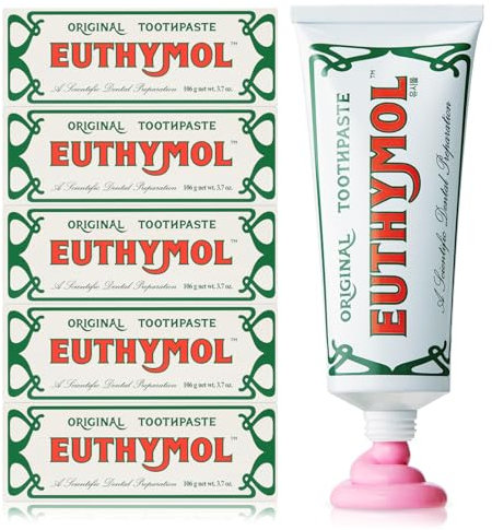 EUTHYMOL Original Toothpaste (3.7fl oz, Pack of 5) - Fluoride-Free Toothpaste for Sensitive Teeth & Gum. Bad Breath, Cavity Prevention, 12-Hour Long Lasting Freshness with Wintergreen.