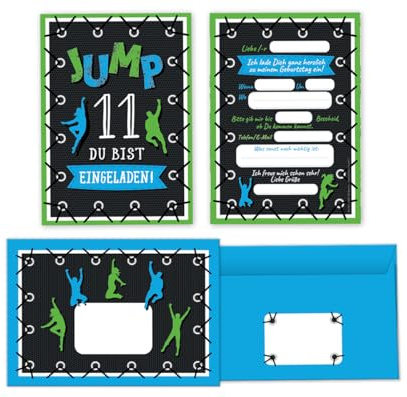 Minkocards 12 Einladungskarten zum 11. Kindergeburtstag Junge Mädchen Jump Trampolin Einladungen elfte Geburtstag incl. 12 Umschläge