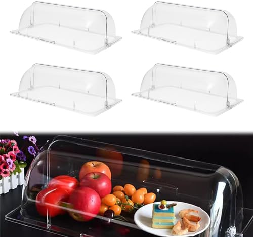 Rolltop Haube 4er Set für 1/1 GN Behälter, Buffet Lebensmittelabdeckung | Transparente PC Konstruktion mit Beidseitig Klappbarem Zugang für Kuchen, Snacks und Speisenpräsentation