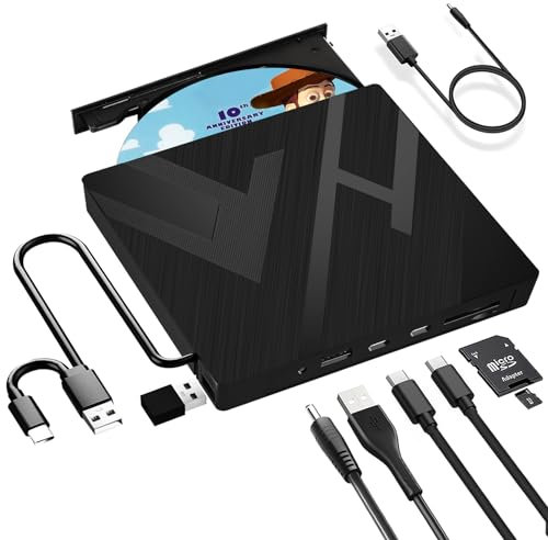 JBonest 8 IN 1 External CD DVD Drive for Laptop USB 3.0 Type-C Portable CD/DVD +/-RW Burner Writer Player with SD/TF Card Slots Compatible for Desktop PC Mac OS MacBook Windows Linux